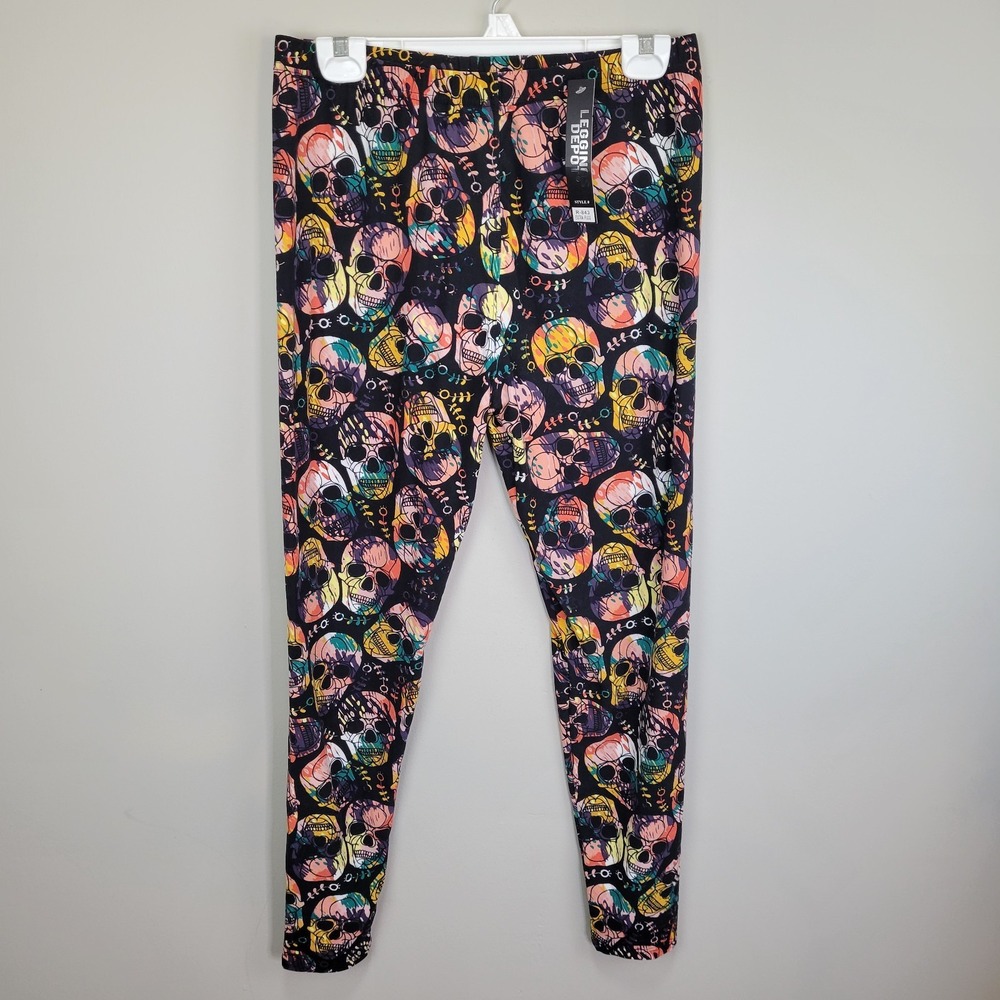 Leggings Depot Colorful Skull Polyester Spandex Ankle Leggings Extra Plus Size